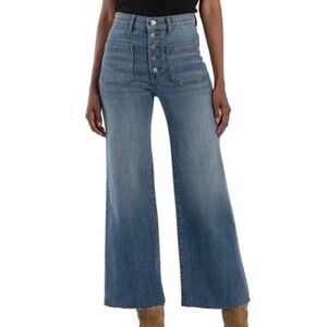 Kut from the Kloth High-Rise Button-Front Wide Leg Jeans in Medium Blue Wash